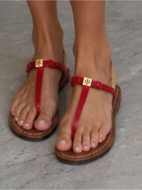 Tory Burch Red Leather Bow Thong Sandals with Gold Logo size 9